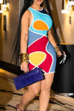 Blue Sexy Print Basic O Neck Sleeveless Dress Dresses