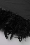 Black Sexy Casual Solid Patchwork Feathers Half A Turtleneck Sleeveless Dress Dresses