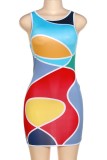 Blue Sexy Print Basic O Neck Sleeveless Dress Dresses