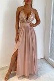 Grey Sexy Formal Solid Sequins Patchwork Backless Slit Spaghetti Strap Evening Dress Dresses