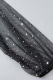 Black Casual Solid Patchwork See-through O Neck Long Sleeve Dresses