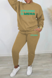 Khaki Casual Print Letter O Neck Long Sleeve Two Pieces