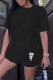 Black Casual Print Letter O Neck Short Sleeve Two Pieces