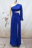 Blue Sexy Formal Patchwork Hollowed Out Sequins Slit Oblique Collar Evening Dress Dresses