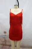 Red Sexy Patchwork Tassel Backless V Neck Sling Dress Dresses