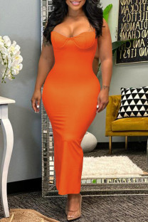 Orange Sexy Casual Solid Backless Spaghetti Strap Long Dress Dresses