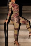 Multicolor Casual Print Basic O Neck Long Sleeve Two Pieces