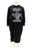 Grey Fashion Casual Letter Print Basic Hooded Collar Long Sleeve Plus Size Dresses