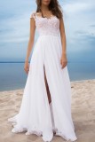 White Sexy Solid Patchwork Backless Slit V Neck Long Dress Dresses