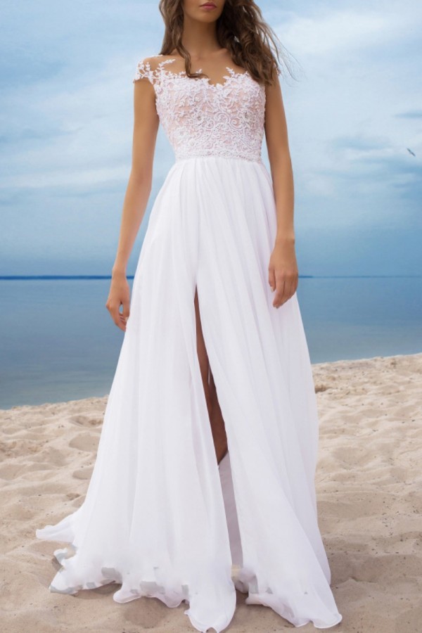 White Sexy Solid Patchwork Backless Slit V Neck Long Dress Dresses