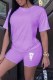 Purple Casual Print Letter O Neck Short Sleeve Two Pieces