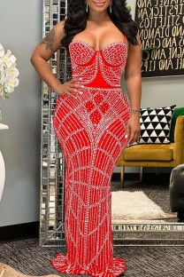 Red Sexy Patchwork Hot Drilling Backless Spaghetti Strap Long Dress Dresses