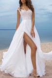 White Sexy Solid Patchwork Backless Slit V Neck Long Dress Dresses