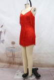 Red Sexy Patchwork Tassel Backless V Neck Sling Dress Dresses