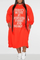 Tangerine Red Fashion Casual Letter Print Basic Hooded Collar Long Sleeve Plus Size Dresses