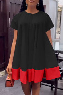 Black Casual Solid Patchwork Contrast O Neck Short Sleeve Dress Dresses