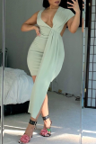 Rose Red Sexy Solid Patchwork V Neck Pencil Skirt Dresses