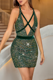 Red Sexy Patchwork Sequins V Neck Pencil Skirt Dresses
