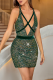 Ink Green Sexy Patchwork Sequins V Neck Pencil Skirt Dresses