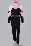 Black Casual Sportswear Patchwork Contrast Zipper Collar Long Sleeve Two Pieces