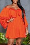 Tangerine Red Casual Solid Patchwork Off the Shoulder Long Sleeve Dresses