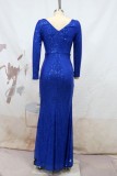 Blue Sexy Formal Patchwork Sequins Slit V Neck Long Sleeve Dresses