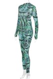 Green Casual Print Backless Half A Turtleneck Skinny Jumpsuits