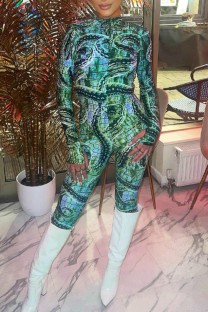 Green Casual Print Backless Half A Turtleneck Skinny Jumpsuits