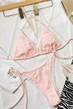 Pink Sexy Solid Bandage Patchwork Backless Swimwears (With Paddings)