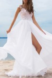 White Sexy Solid Patchwork Backless Slit V Neck Long Dress Dresses