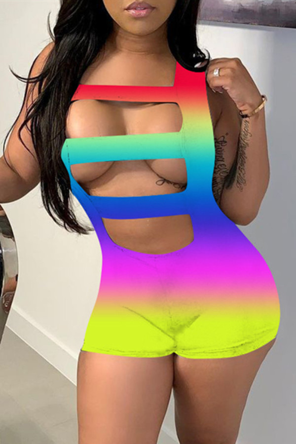 Rainbow Color Fashion Sexy Print Hollowed Out Square Collar Skinny Romper