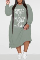 Grey Fashion Casual Letter Print Basic Hooded Collar Long Sleeve Plus Size Dresses