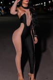 Black Sexy Patchwork See-through Backless O Neck Skinny Jumpsuits