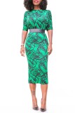 Green Casual Print Patchwork O Neck Pencil Skirt Dresses (Without Belt)