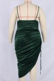 Dark Green Sexy Solid Frenulum Backless Fold Spaghetti Strap Sleeveless Dress Plus Size Dresses