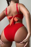 Red Sexy Patchwork Hollowed Out Backless Contrast Swimwears (With Paddings)