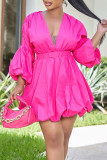 Red Fashion Sweet Solid Patchwork V Neck Lantern Skirt Dresses