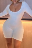 White Casual Solid Basic O Neck Long Sleeve Skinny Romper