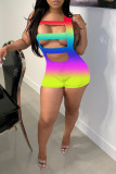 Rainbow Color Fashion Sexy Print Hollowed Out Square Collar Skinny Romper