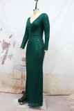 Green Sexy Formal Patchwork Sequins Slit V Neck Long Sleeve Dresses