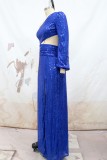 Blue Sexy Formal Patchwork Hollowed Out Sequins Slit Oblique Collar Evening Dress Dresses