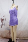 Purple Sexy Patchwork Tassel Backless V Neck Sling Dress Dresses