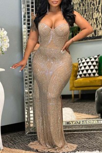 Apricot Sexy Patchwork Hot Drilling Backless Spaghetti Strap Long Dress Dresses