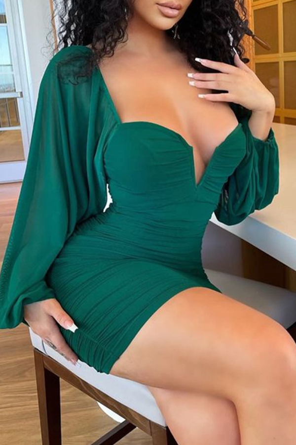 Green Casual Solid Mesh V Neck Pencil Skirt Dresses