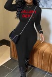 Black Sportswear Print Letter O Neck Jumpsuits