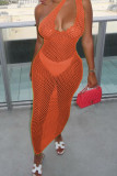 Orange Fashion Sexy Solid Hollowed Out See-through One Shoulder Sleeveless Dress