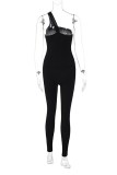 Black Sexy Casual Solid Backless Oblique Collar Skinny Jumpsuits