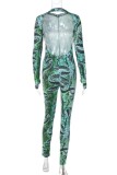 Green Casual Print Backless Half A Turtleneck Skinny Jumpsuits