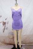 Purple Sexy Patchwork Tassel Backless V Neck Sling Dress Dresses