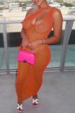 Pink Fashion Sexy Solid Hollowed Out See-through One Shoulder Sleeveless Dress